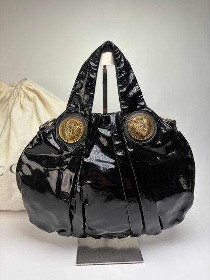 Vintage Gucci Patent Leather Hobo Bag c. Late 1970s Black Gold
