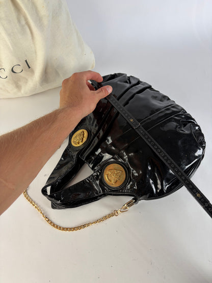 Vintage Gucci Patent Leather Hobo Bag c. Late 1970s Black Gold