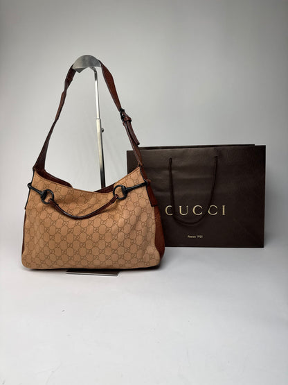 Vintage Gucci Horsebit Monogram Handbag Brown Beige