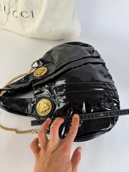 Vintage Gucci Patent Leather Hobo Bag c. Late 1970s Black Gold