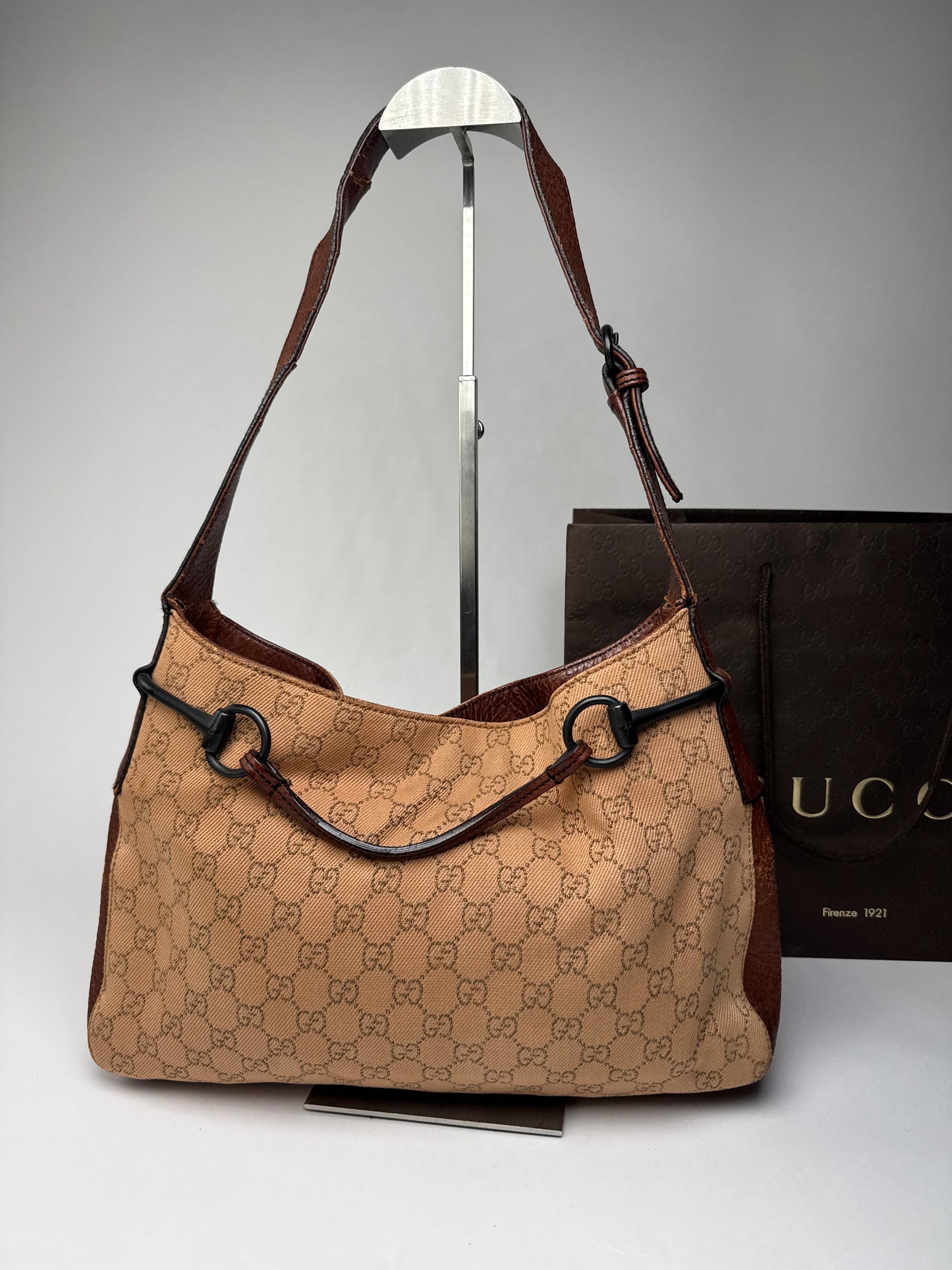Vintage Gucci Horsebit Monogram Handbag Brown Beige
