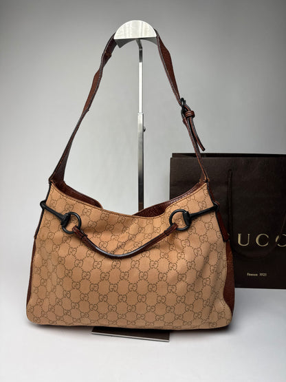 Vintage Gucci Horsebit Monogram Handbag Brown Beige