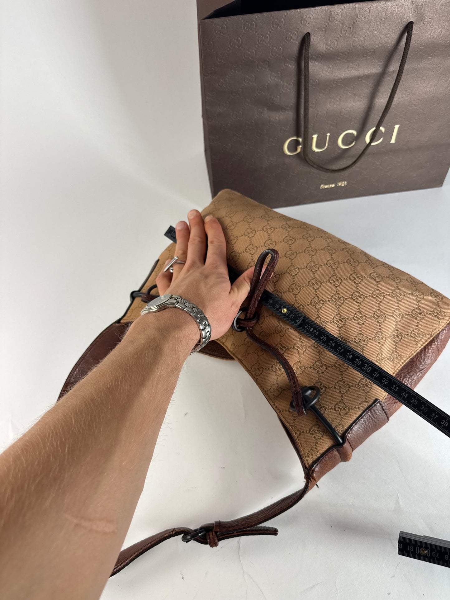 Vintage Gucci Horsebit Monogram Handbag Brown Beige