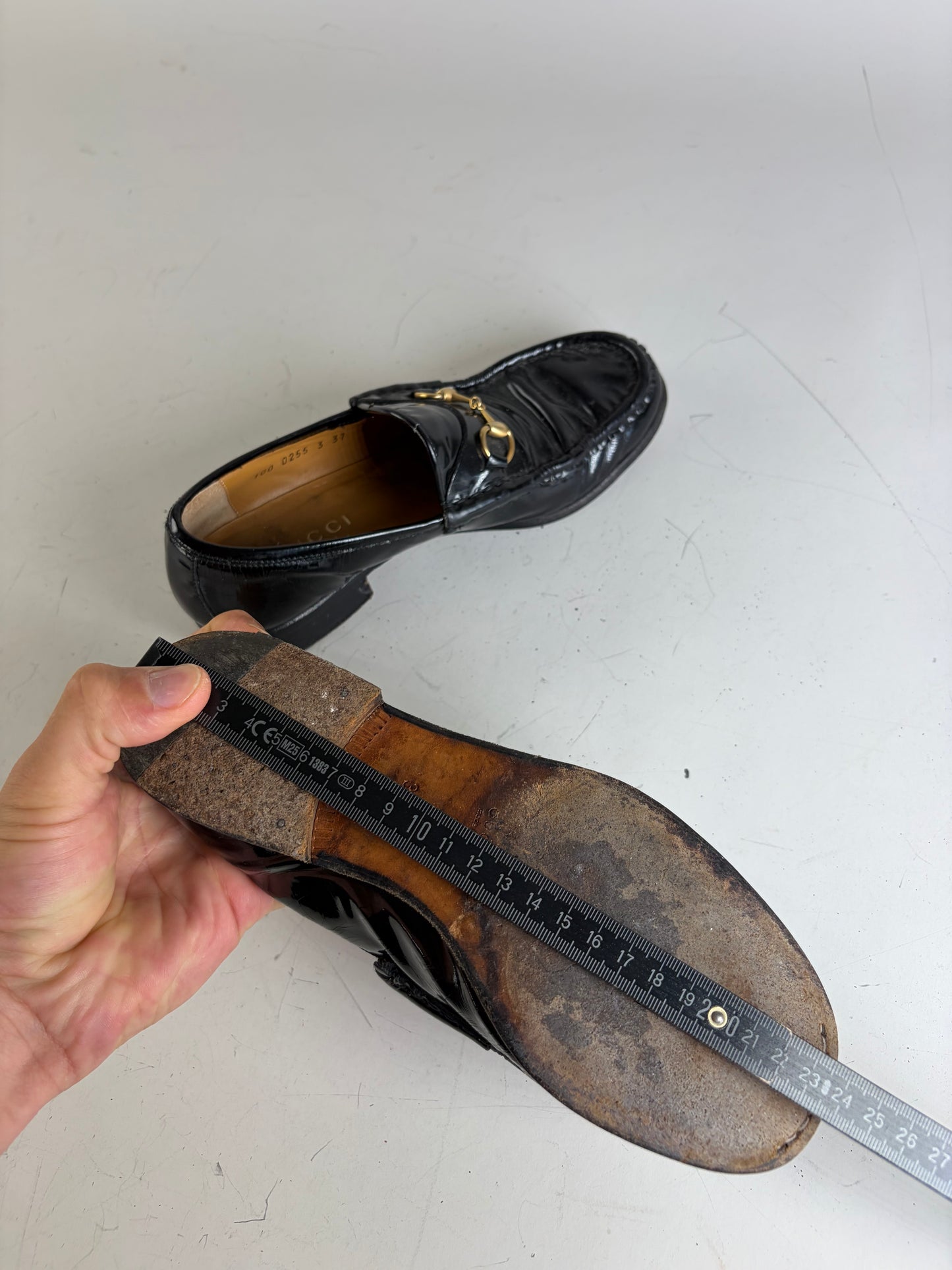 Vintage Gucci Patent Leather Loafers Black Gold EU37