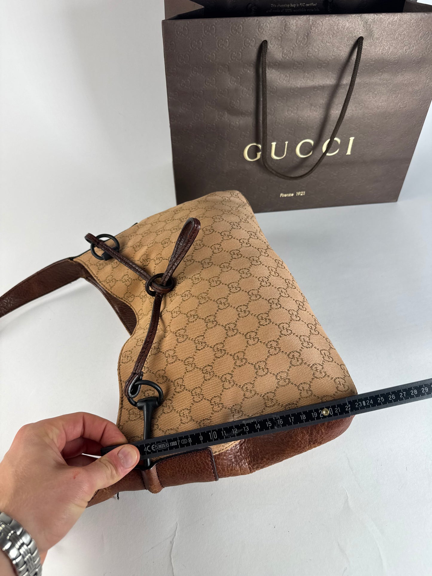 Vintage Gucci Horsebit Monogram Handbag Brown Beige