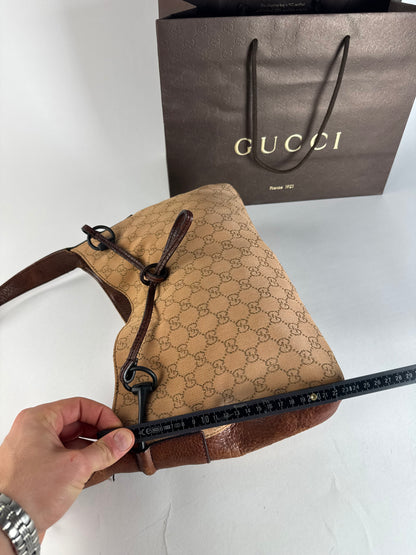 Vintage Gucci Horsebit Monogram Handbag Brown Beige