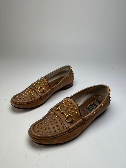 Vintage Gucci Studded Horsebit Leather Loafer Cognac Brown