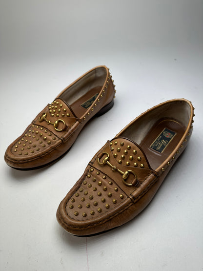 Vintage Gucci Studded Horsebit Leather Loafer Cognac Brown
