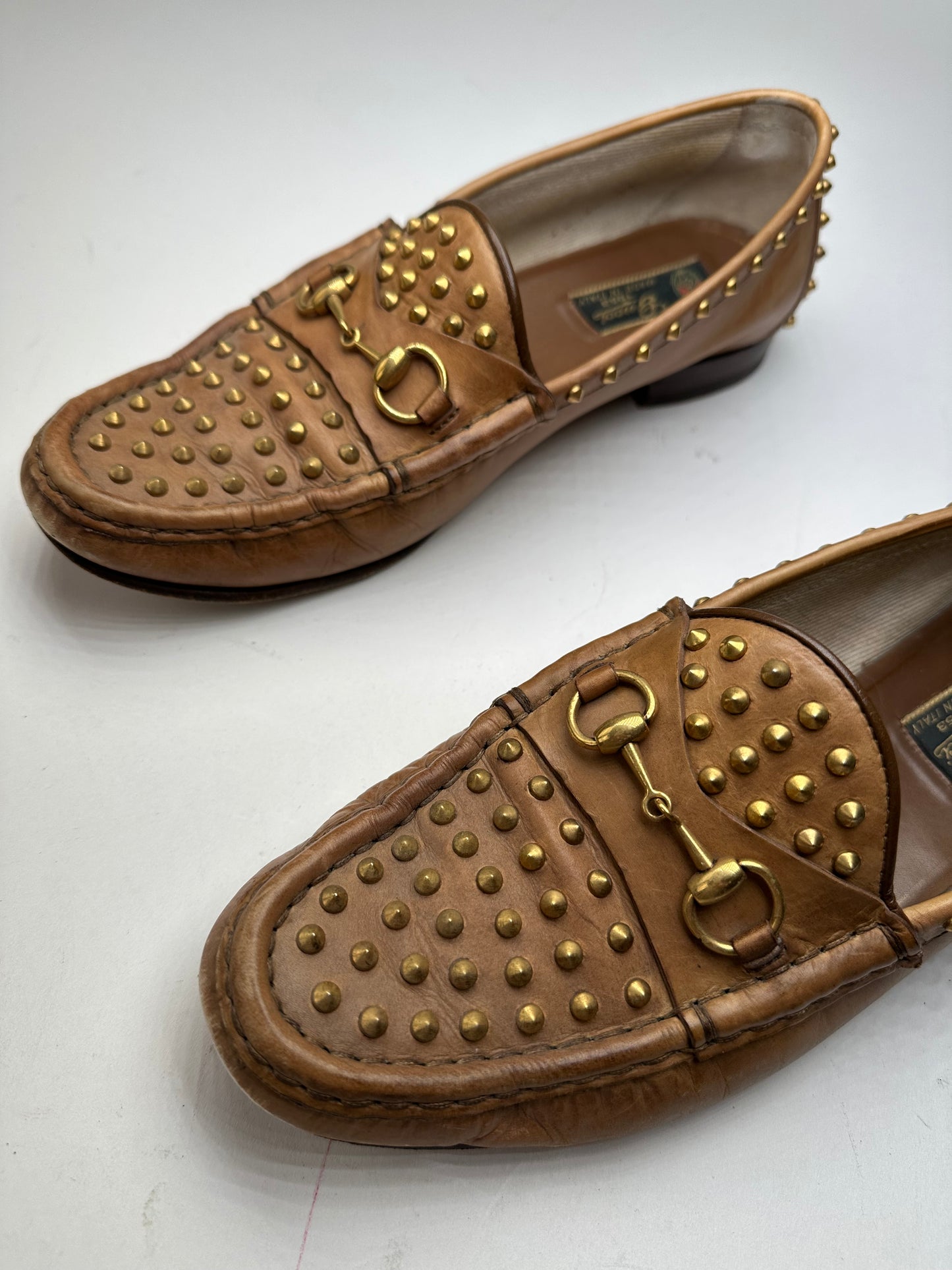 Vintage Gucci Studded Horsebit Leather Loafer Cognac Brown