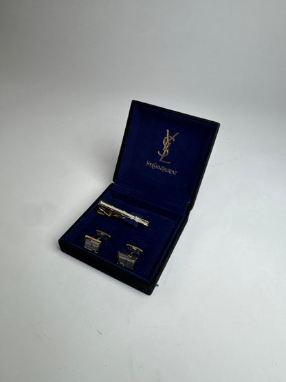 Vintage Yves Saint Laurent Metal Clamp / Cufflink Set Silver Gold