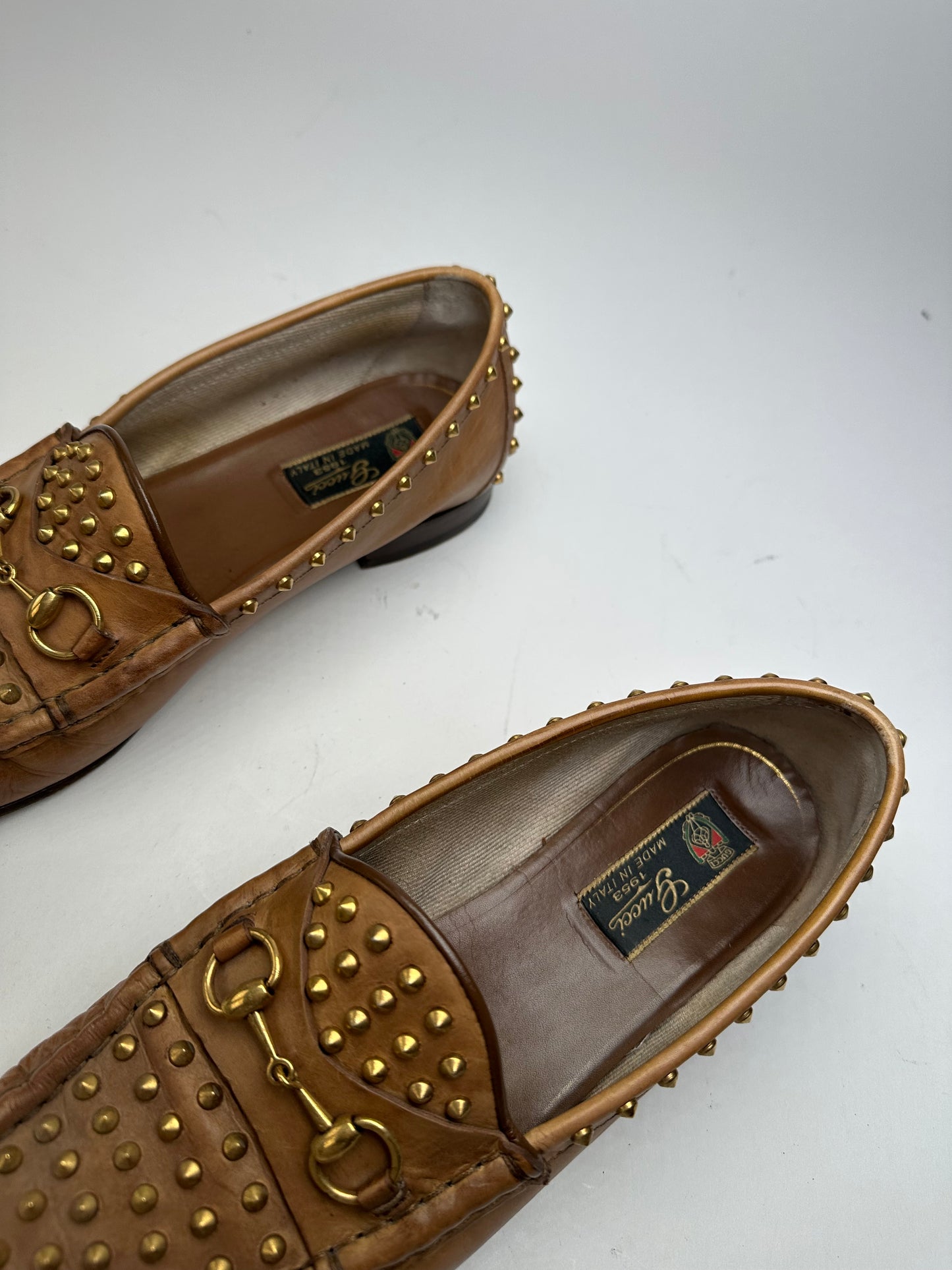 Vintage Gucci Studded Horsebit Leather Loafer Cognac Brown