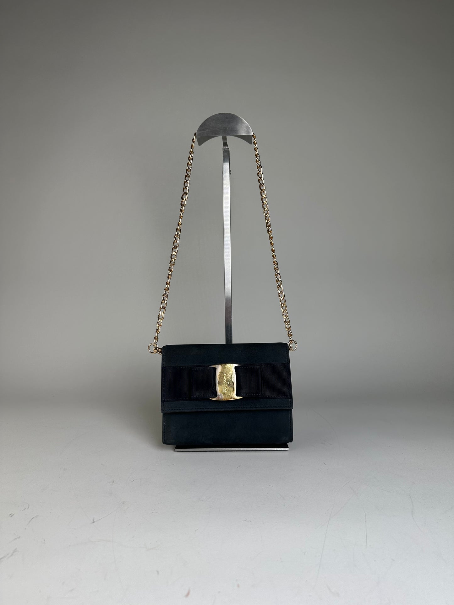 Vintage Ferragamo Suede Shoulder Bag Navy Gold-Tone Clasp
