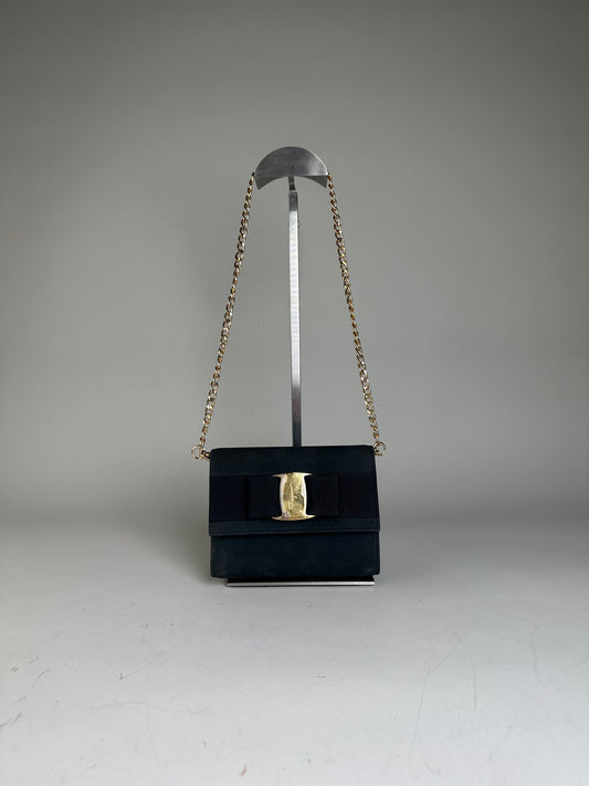 Vintage Ferragamo Suede Shoulder Bag Navy Gold-Tone Clasp
