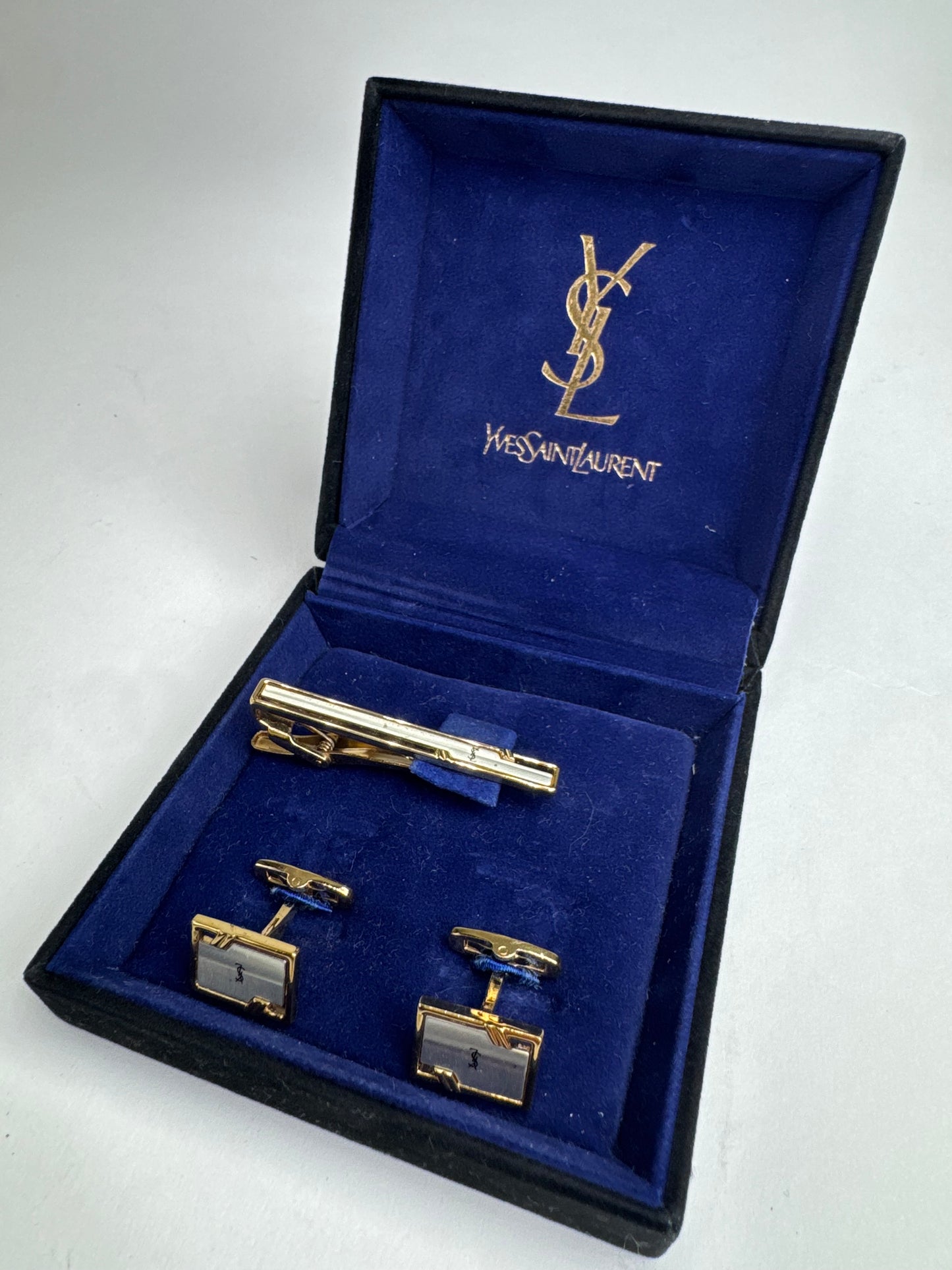 Vintage Yves Saint Laurent Metal Clamp / Cufflink Set Silver Gold