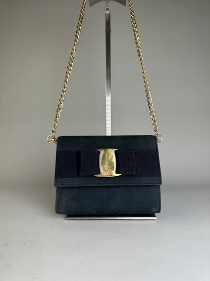 Vintage Ferragamo Suede Shoulder Bag Navy Gold-Tone Clasp