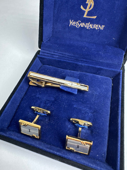 Vintage Yves Saint Laurent Metal Clamp / Cufflink Set Silver Gold