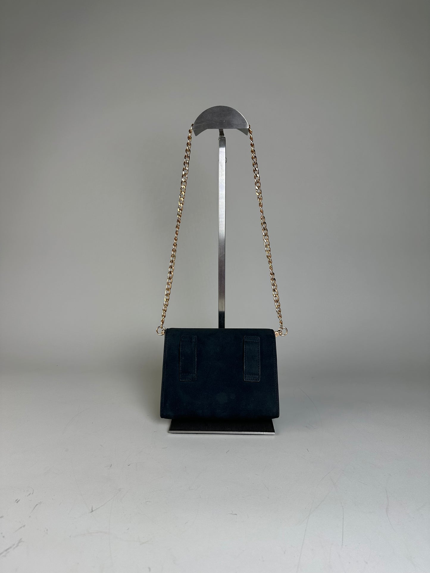 Vintage Ferragamo Suede Shoulder Bag Navy Gold-Tone Clasp