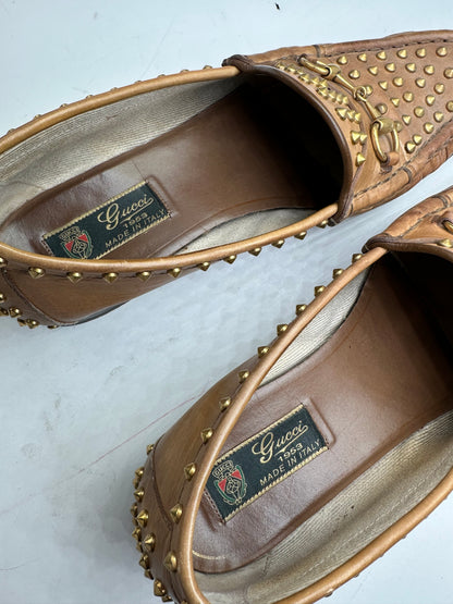 Vintage Gucci Studded Horsebit Leather Loafer Cognac Brown