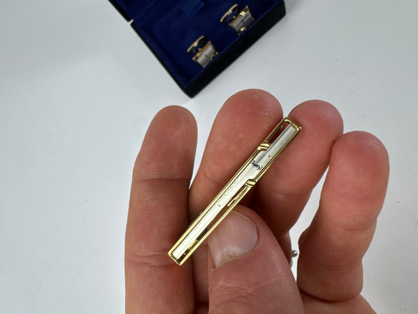 Vintage Yves Saint Laurent Metal Clamp / Cufflink Set Silver Gold