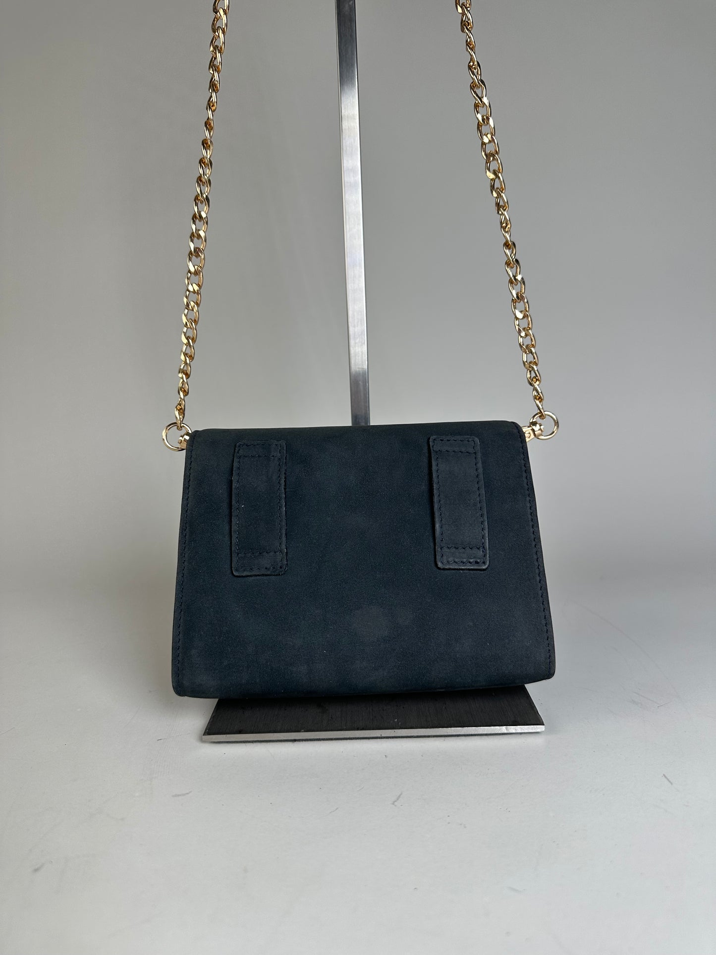 Vintage Ferragamo Suede Shoulder Bag Navy Gold-Tone Clasp