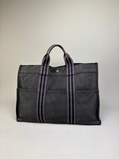 Vintage Hermes Canvas Tote Bag Black Grey