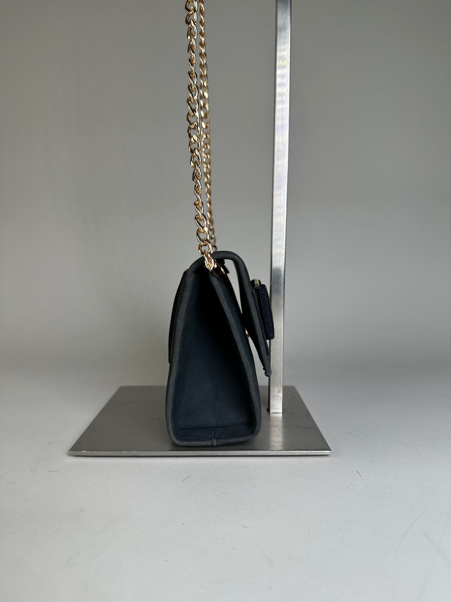 Vintage Ferragamo Suede Shoulder Bag Navy Gold-Tone Clasp