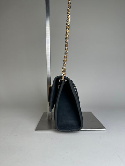 Vintage Ferragamo Suede Shoulder Bag Navy Gold-Tone Clasp
