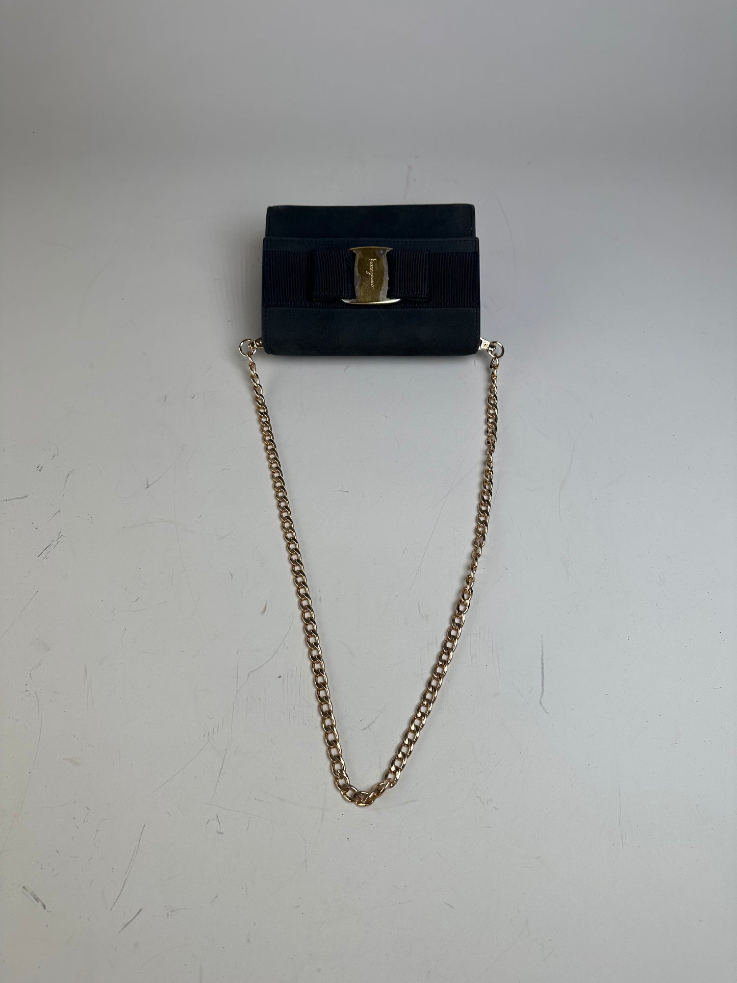 Vintage Ferragamo Suede Shoulder Bag Navy Gold-Tone Clasp