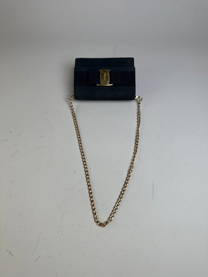 Vintage Ferragamo Suede Shoulder Bag Navy Gold-Tone Clasp