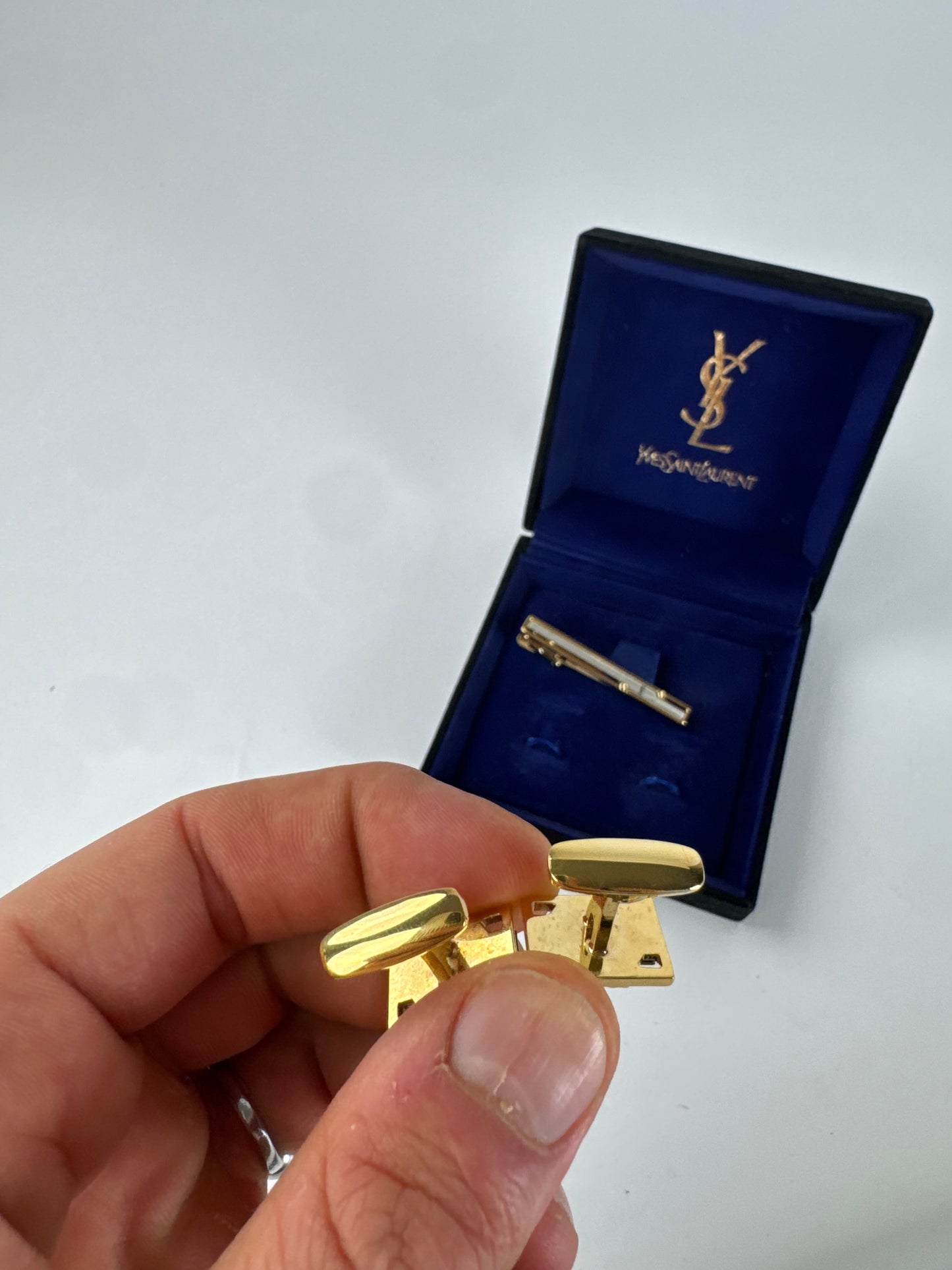 Vintage Yves Saint Laurent Metal Clamp / Cufflink Set Silver Gold