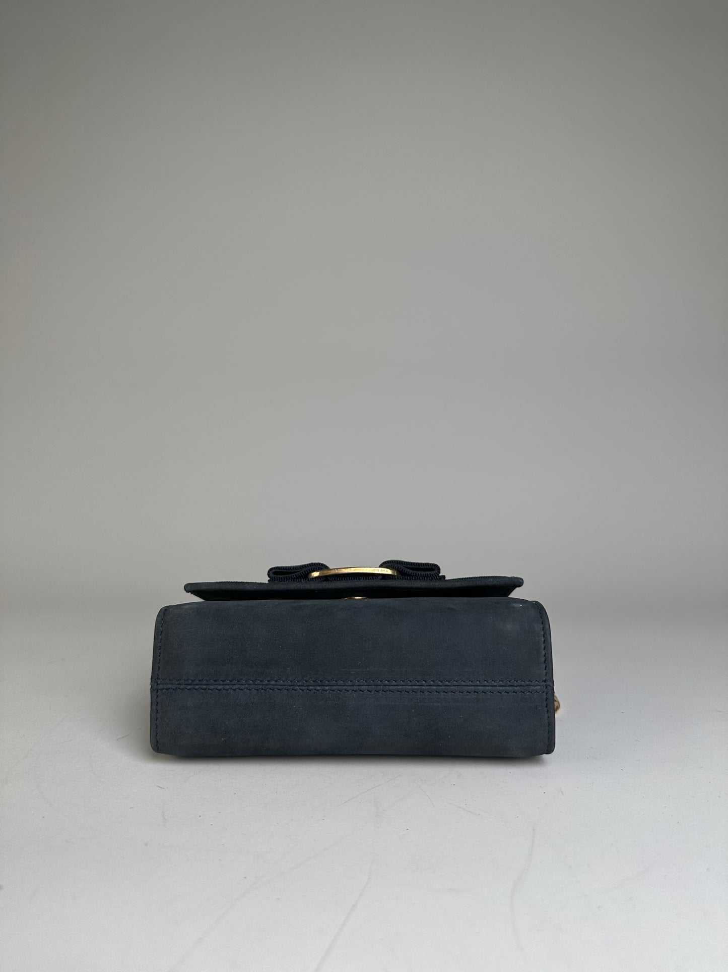 Vintage Ferragamo Suede Shoulder Bag Navy Gold-Tone Clasp