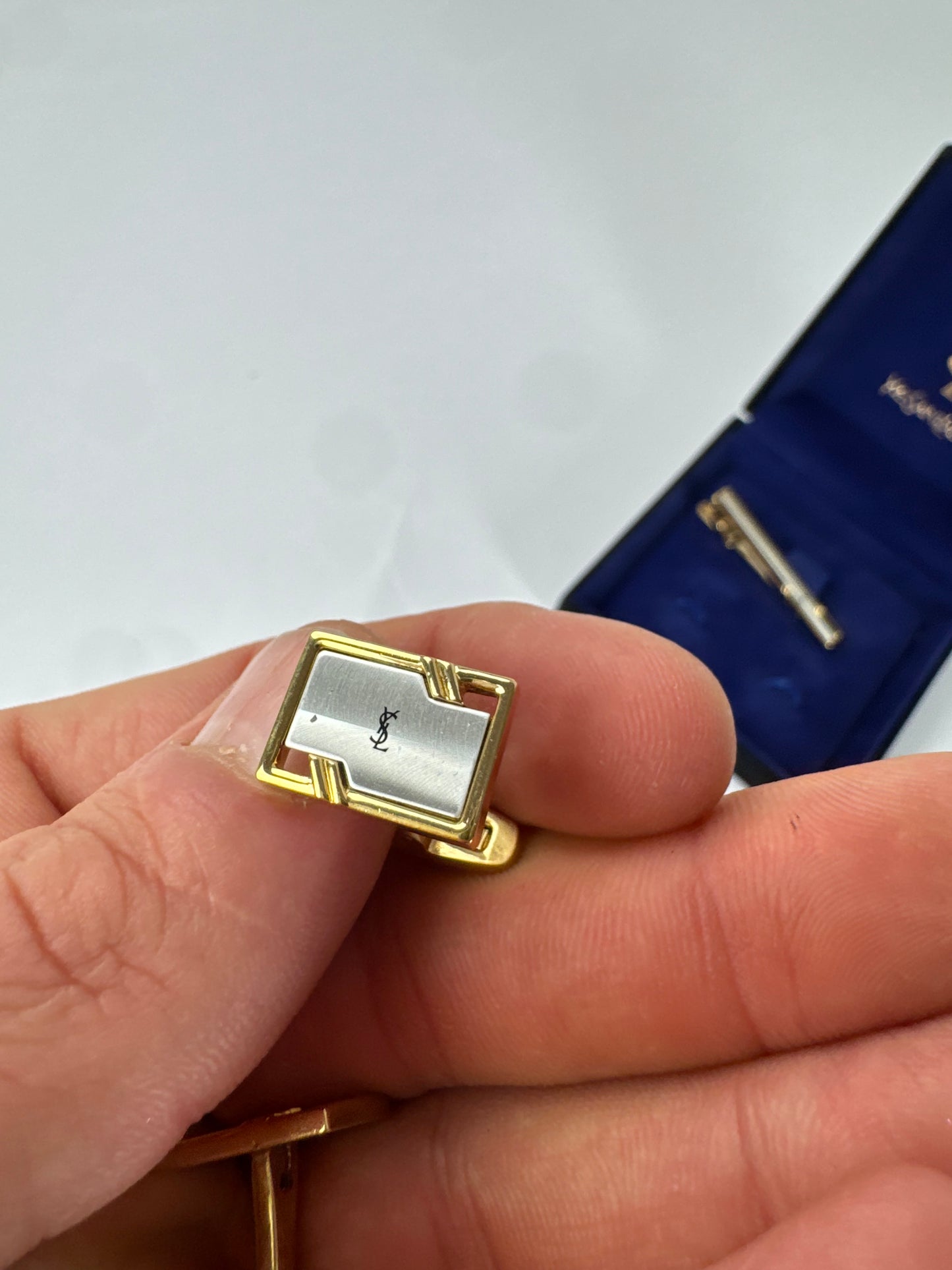 Vintage Yves Saint Laurent Metal Clamp / Cufflink Set Silver Gold