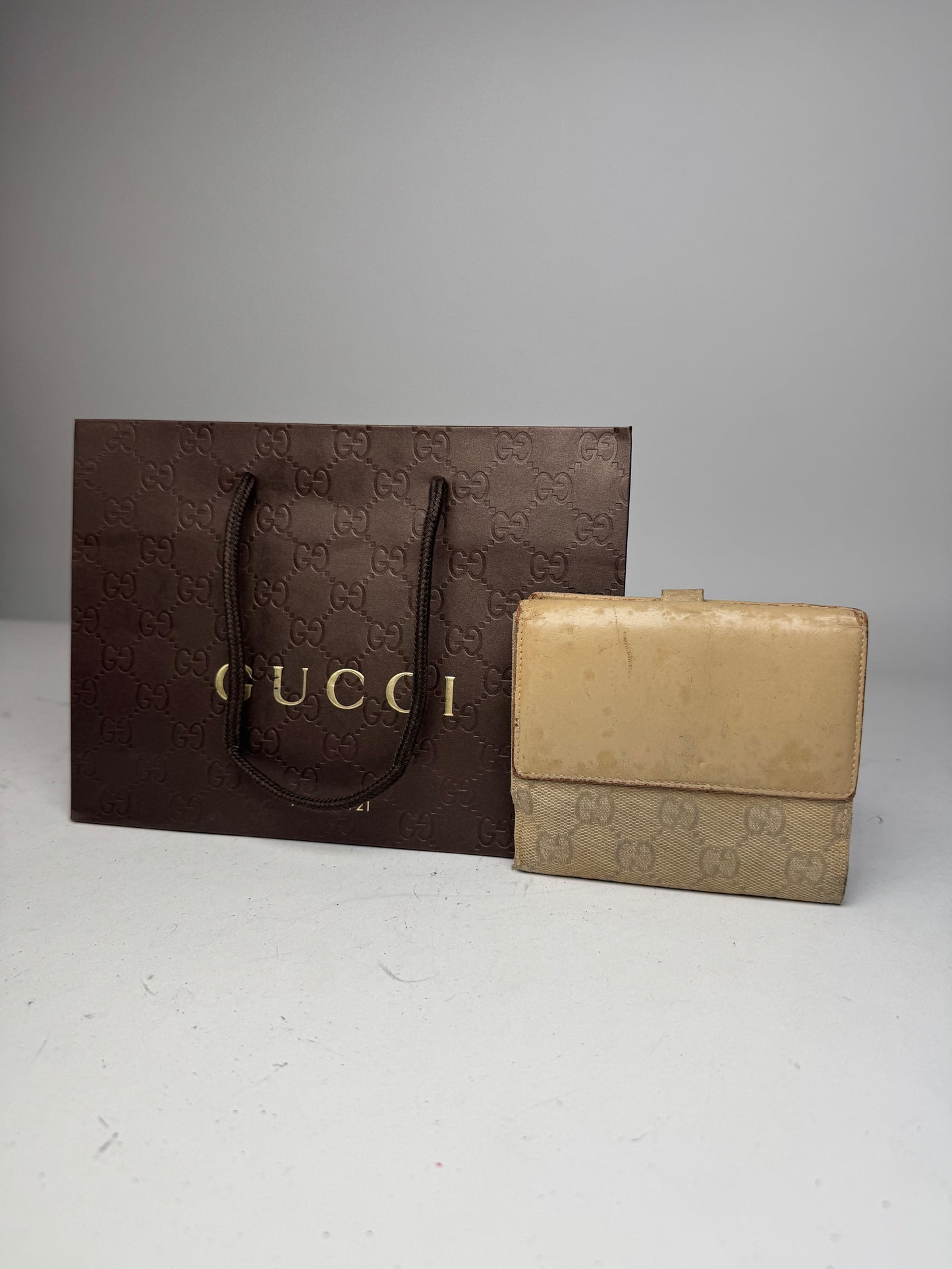 Vintage Gucci Monogram Leatjer Jackie Wallet Beige