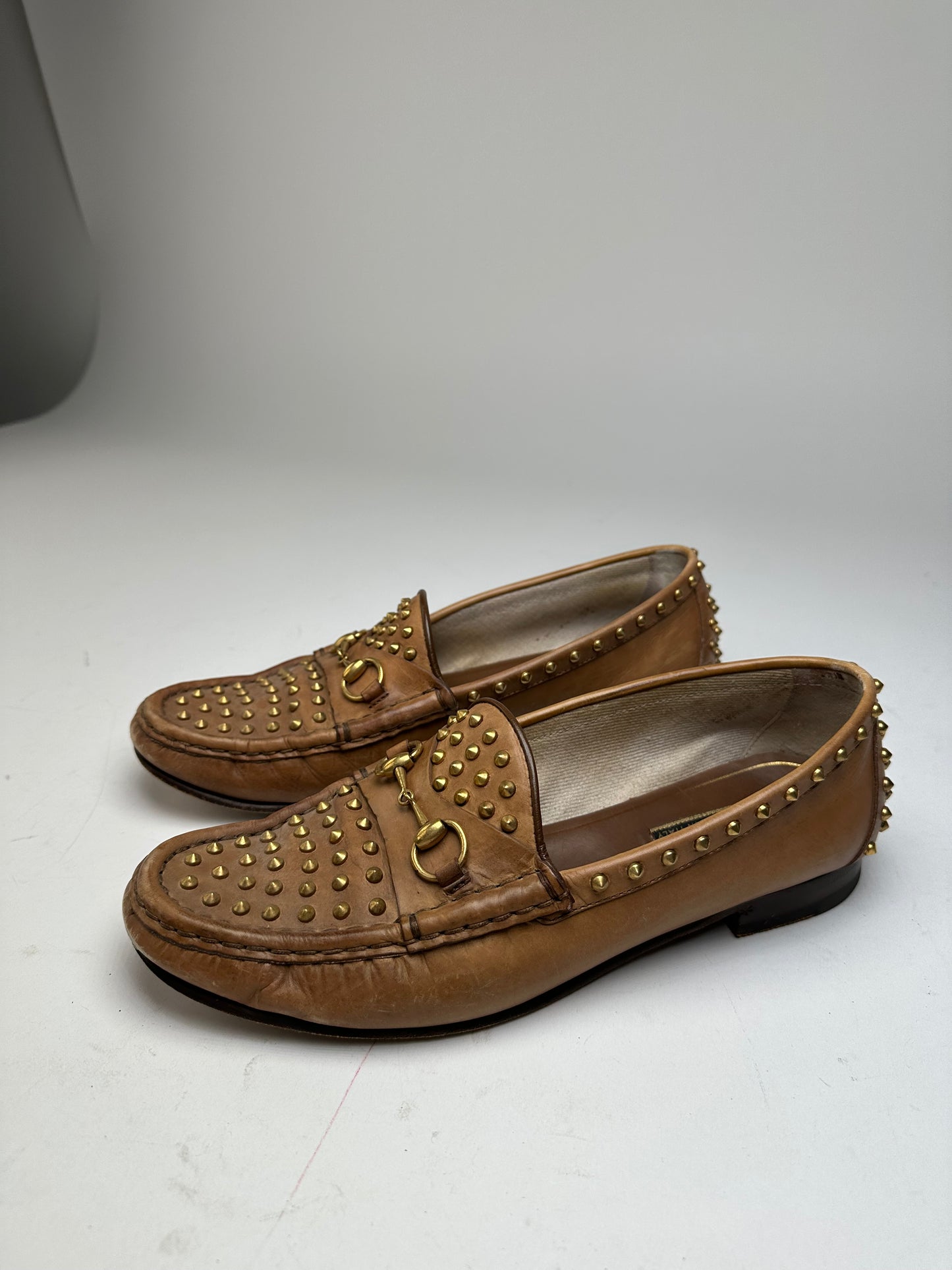 Vintage Gucci Studded Horsebit Leather Loafer Cognac Brown