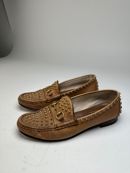 Vintage Gucci Studded Horsebit Leather Loafer Cognac Brown