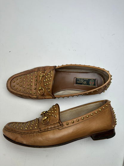 Vintage Gucci Studded Horsebit Leather Loafer Cognac Brown