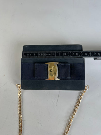 Vintage Ferragamo Suede Shoulder Bag Navy Gold-Tone Clasp