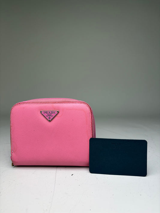 Vintage Prada Saffiano Leather Zip Wallet Pink Silver