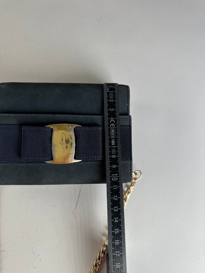 Vintage Ferragamo Suede Shoulder Bag Navy Gold-Tone Clasp