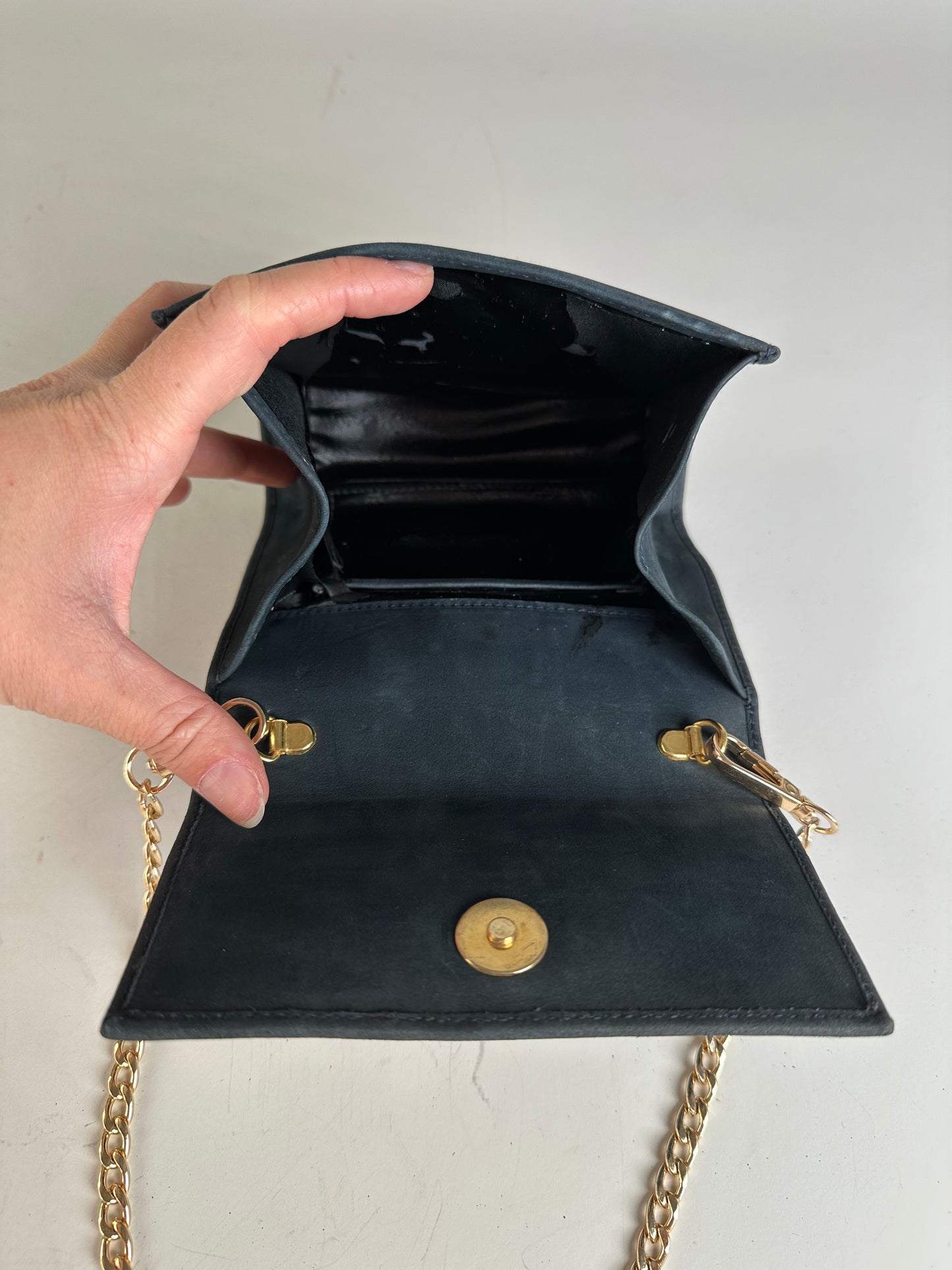 Vintage Ferragamo Suede Shoulder Bag Navy Gold-Tone Clasp