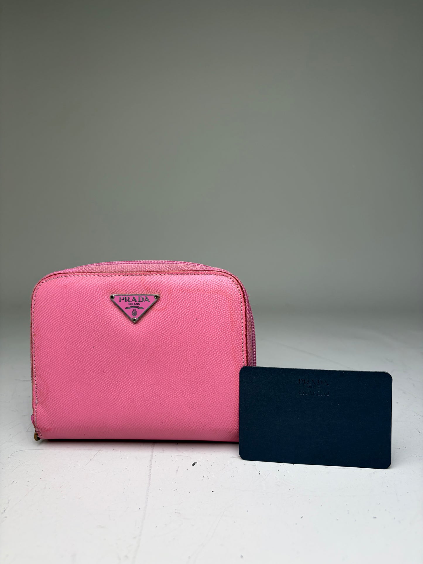 Vintage Prada Saffiano Leather Zip Wallet Pink Silver