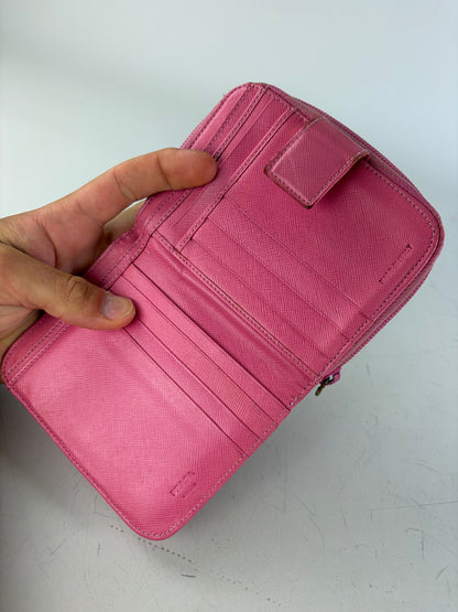 Vintage Prada Saffiano Leather Zip Wallet Pink Silver