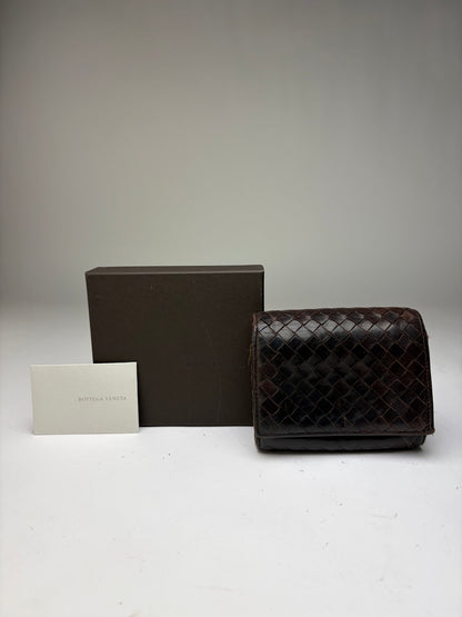 Vintage Bottega Veneta Intrecciato Woven Leather Bifold Wallet Dark Brown