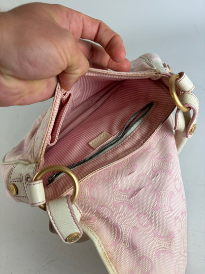 Vintage Celine Canvas Leather Trim Handbag Pink Cream Gold