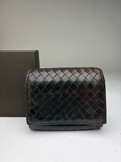 Vintage Bottega Veneta Intrecciato Woven Leather Bifold Wallet Dark Brown