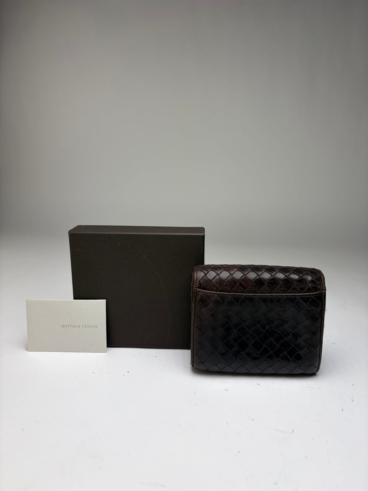 Vintage Bottega Veneta Intrecciato Woven Leather Bifold Wallet Dark Brown