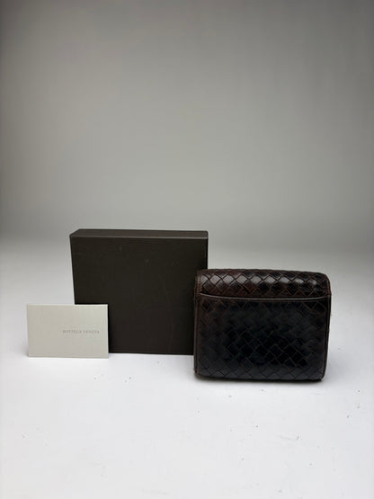 Vintage Bottega Veneta Intrecciato Woven Leather Bifold Wallet Dark Brown