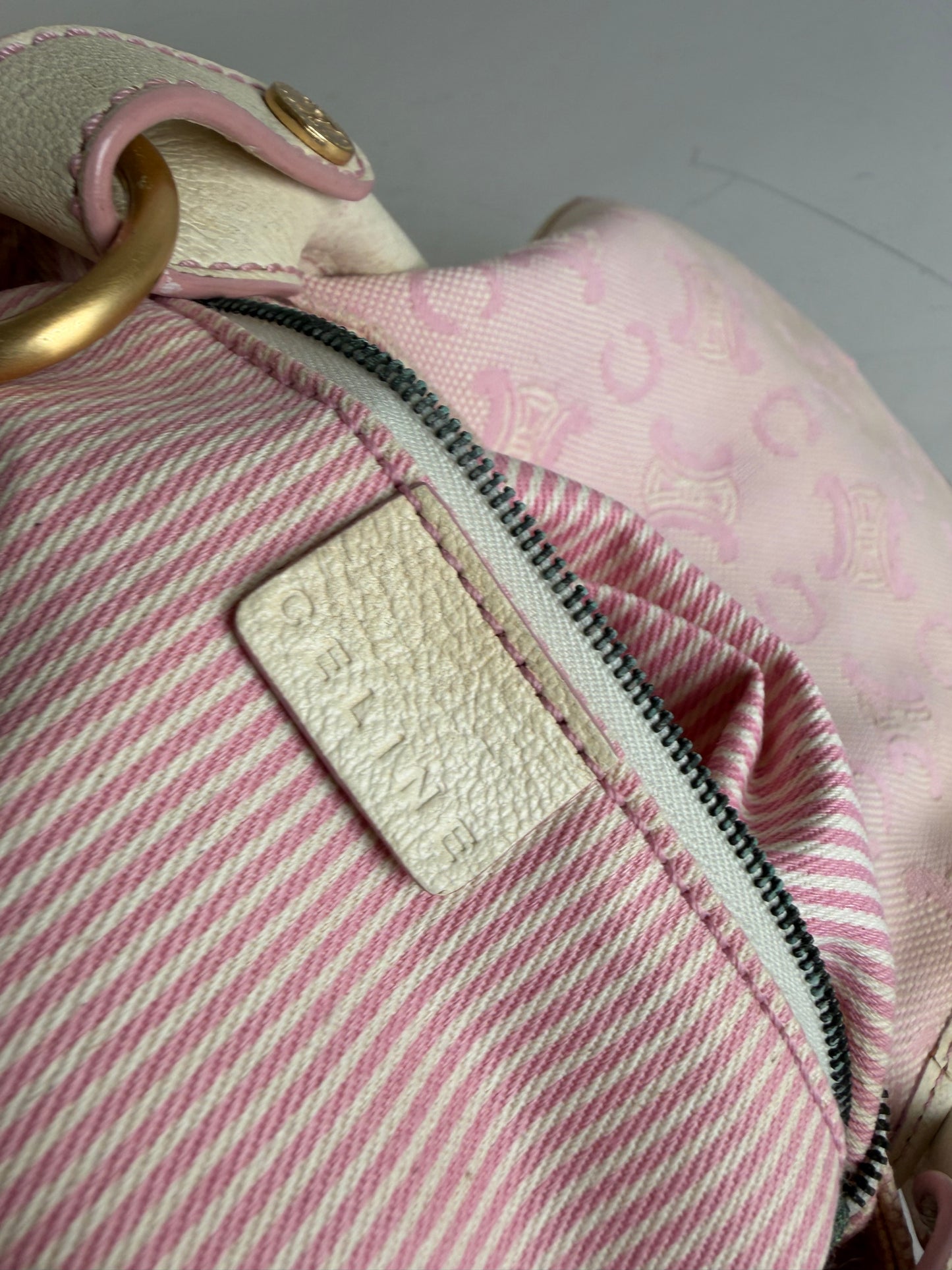 Vintage Celine Canvas Leather Trim Handbag Pink Cream Gold