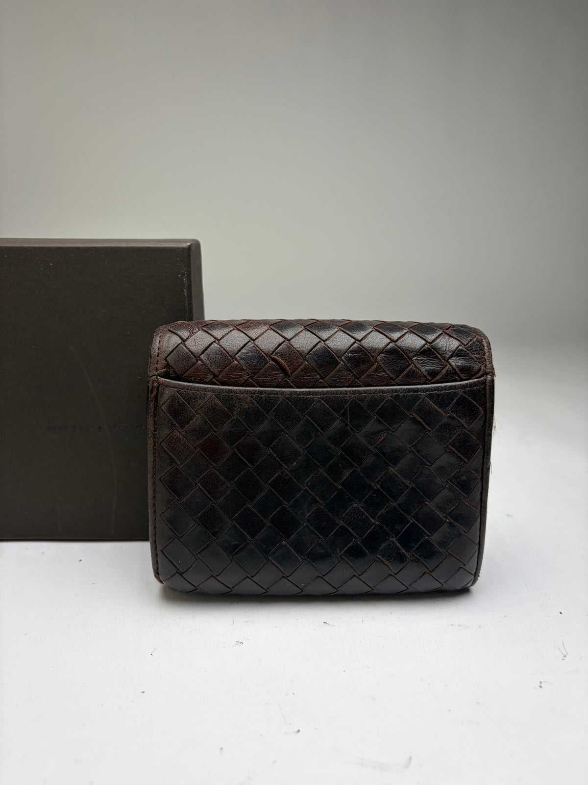 Vintage Bottega Veneta Intrecciato Woven Leather Bifold Wallet Dark Brown