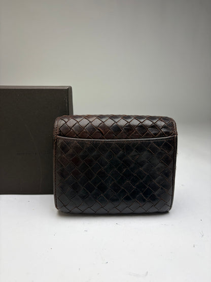 Vintage Bottega Veneta Intrecciato Woven Leather Bifold Wallet Dark Brown
